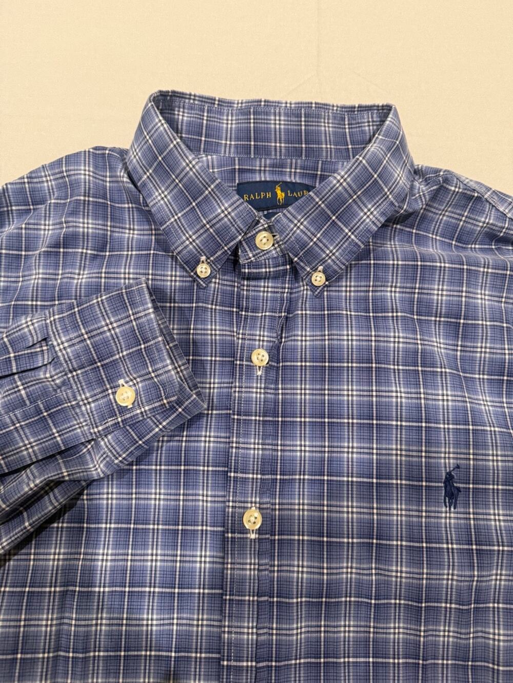 Ralph Lauren Mens XL 17.5 Blue Plaid Slim Fit Button Down Shirt Long Sleeve